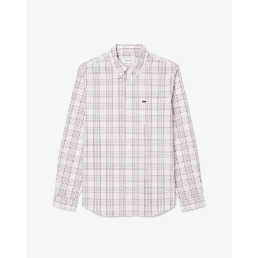 Lacoste Mens Plaid Button Down Shirt White Blue Pink 44 L Crocodile Logo Cotton